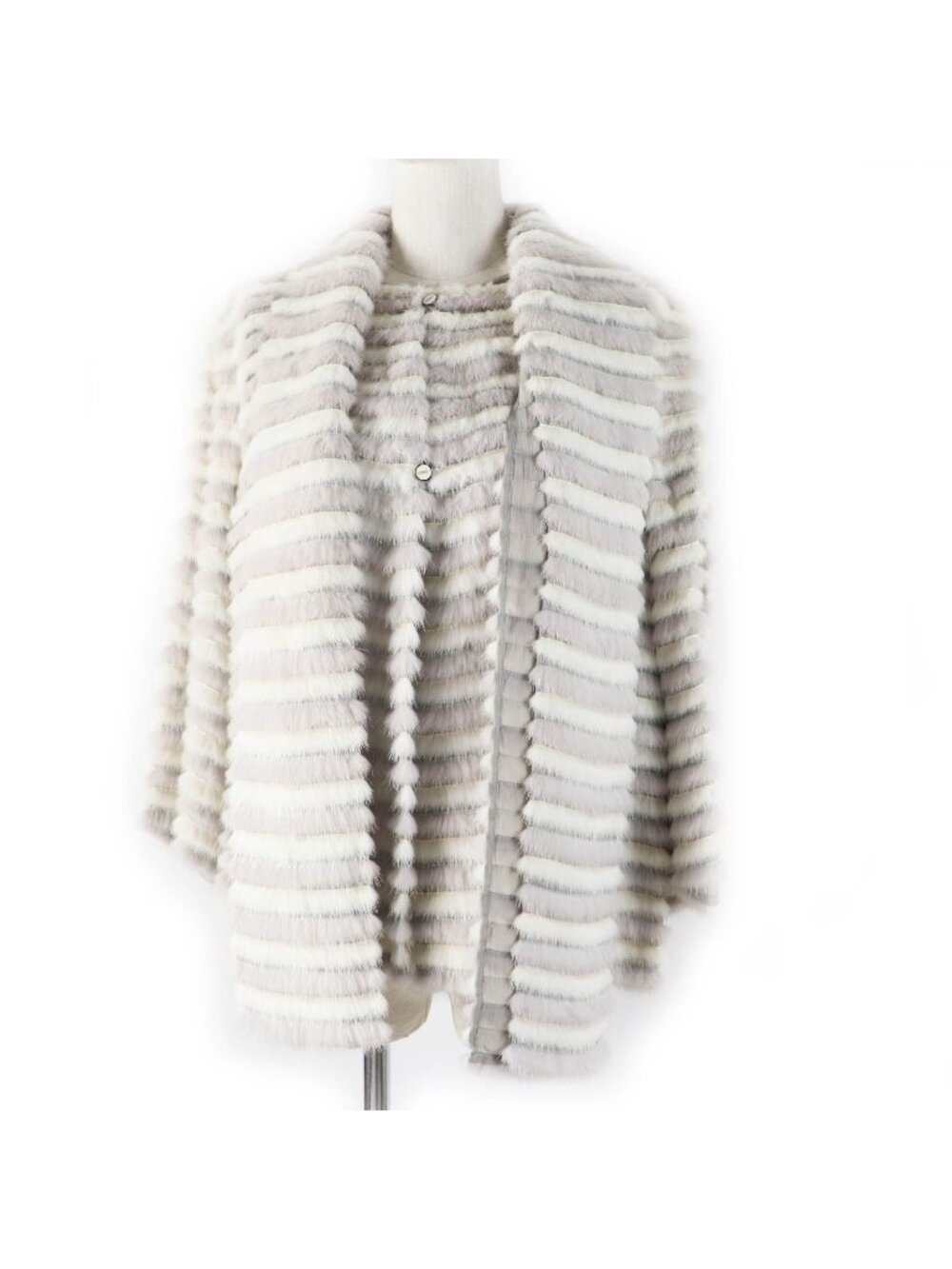 Fendi Mink Silk Shawl with Logo Button 2-Way Collarless Jacket Gray White 42